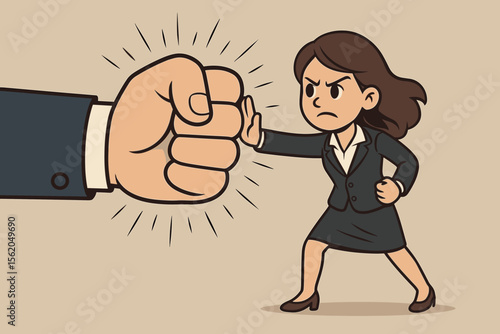 Brave businesswoman fighting workplace harassment, stopping a giant fist. Vector concept of abuse of power, sexism, bullying, and resistance. Employee rights and #metoo movement.