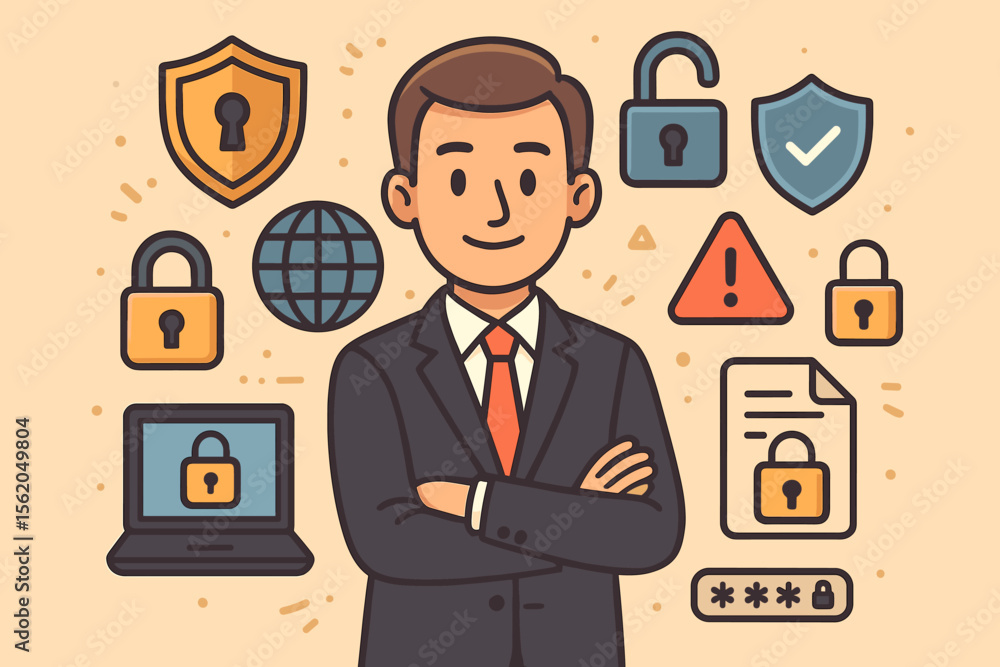 Cybersecurity specialist concept. Confident businessman with data protection icons. Internet safety, privacy, network security cartoon illustration. Shield, padlock, password symbols. Cybersecurity specialist concept. Confident businessman with data protection icons. Internet safety, privacy, network security cartoon illustration. Shield, padlock, password symbols.