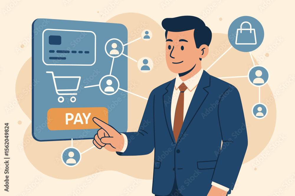 Businessman using a modern virtual interface for online payments and shopping. E-commerce technology concept with a customer network, credit card, and cart for digital transactions. Businessman using a modern virtual interface for online payments and shopping. E-commerce technology concept with a customer network, credit card, and cart for digital transactions.