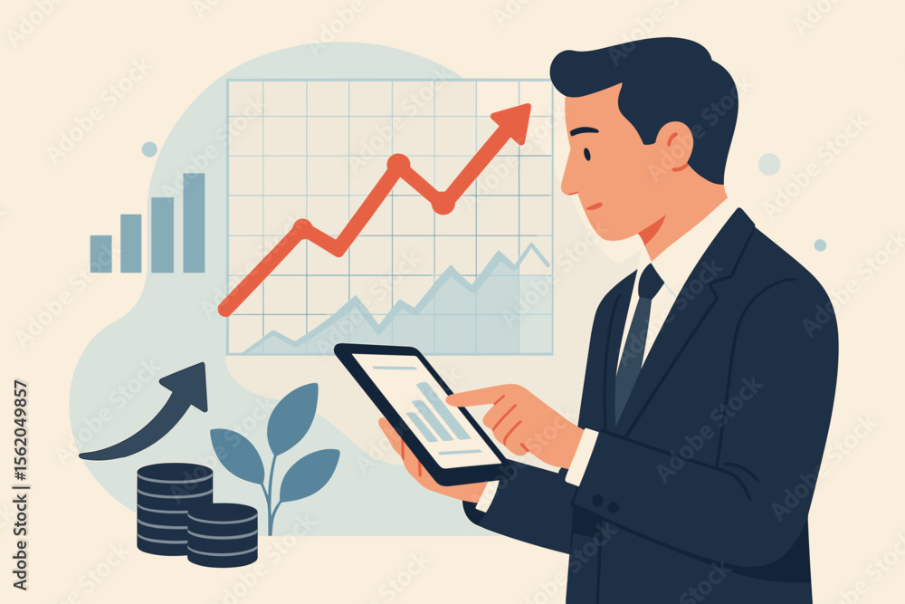 Businessman analyzing sales data on tablet, planning business growth strategy. Financial manager reviewing economic graph chart. Investment, stock market, and economic recovery. Businessman analyzing sales data on tablet, planning business growth strategy. Financial manager reviewing economic graph chart. Investment, stock market, and economic recovery.