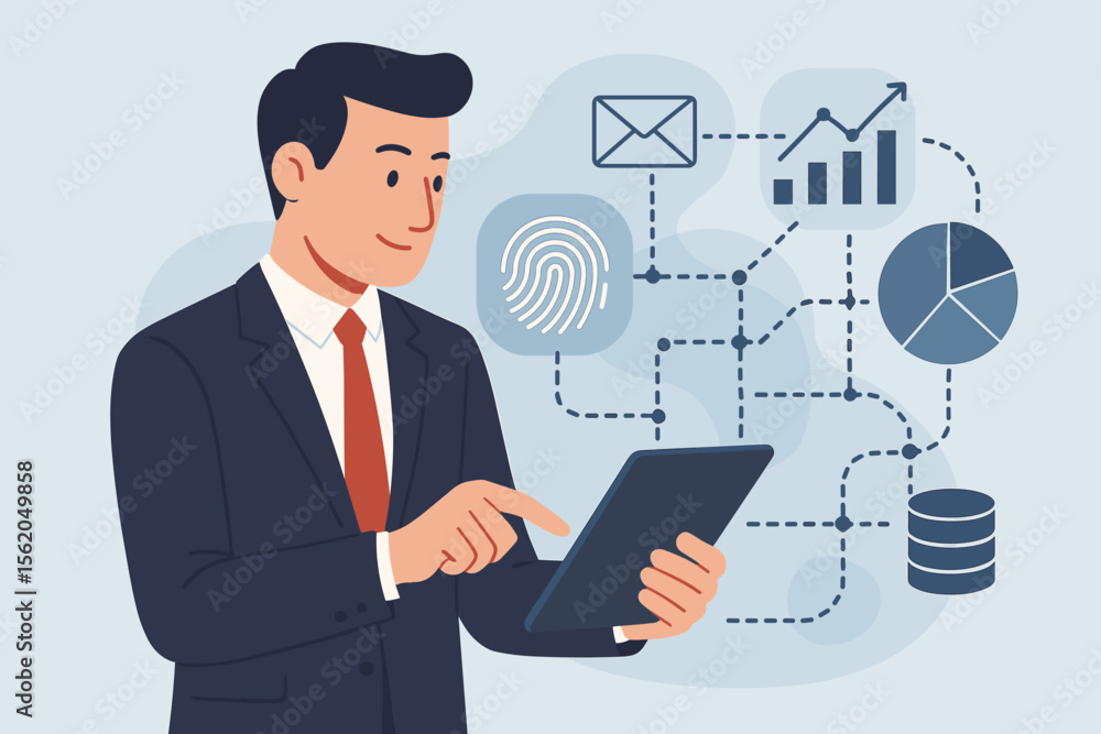 Businessman using tablet with fingerprint scanning to access secure business data network. Biometric authentication, cybersecurity, data analysis, and digital information management concept. Businessman using tablet with fingerprint scanning to access secure business data network. Biometric authentication, cybersecurity, data analysis, and digital information management concept.