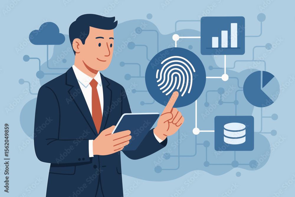 Businessman using fingerprint scanning to unlock and access business data. Biometric authentication for cloud network security. Data analytics and protection concept. Vector cartoon. Businessman using fingerprint scanning to unlock and access business data. Biometric authentication for cloud network security. Data analytics and protection concept. Vector cartoon.