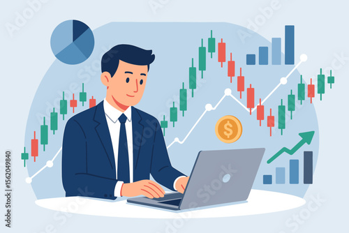 Stock market trading concept. Businessman, broker or investor analyzing financial data on laptop. Candlestick chart for forex, cryptocurrency exchange. Investment and fund growth.