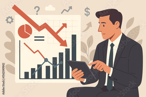 Businessman planning recovery strategy from economic crisis. Man with tablet analyzing financial data, sales chart, and stock graph. Business growth, rethink, and reinvent concept.