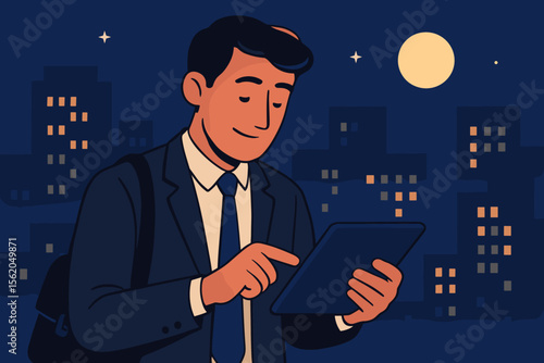 Businessman using a tablet at night in the city. Professional corporate worker commuting or working late. Concept of modern technology, digital business, urban lifestyle. Flat vector illustration.
