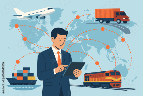 Businessman with tablet managing global logistics and supply chain. Smart transportation concept with international freight network, cargo ship, train, truck, and airplane on world map.