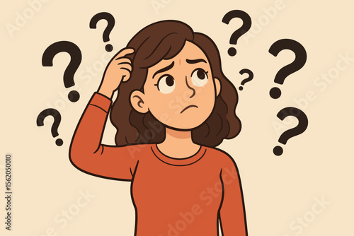 Pensive young woman scratching her head with question marks around her. Concept of confusion, doubt, uncertainty, and problem solving. Puzzled character thinking. FAQ vector illustration.