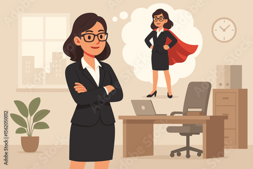 Confident businesswoman imagining herself as a superhero in the office. Concept of female empowerment, inner strength, leadership, ambition, and career success. Metaphor vector illustration.