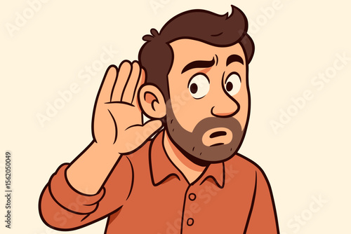 Eavesdropping concept vector illustration. Curious nosy man with hand to ear gesture listening attentively. Overhearing a secret, rumor or gossip. Spying for information.