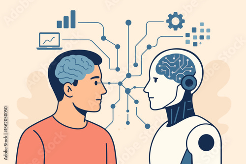 Connecting human intelligence to AI. Man and robot with brains linked by a neural network. Machine learning, digital data, computer brain, and future technology development.
