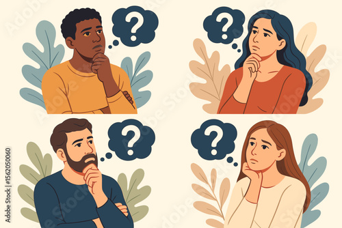 Set of diverse people thinking with question marks. Men and women contemplating, feeling doubt or confusion. Concept of problem solving, searching for answers and making decisions.