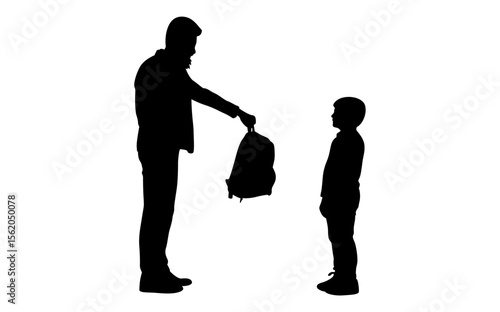 A silhouette of a father giving a backpack to his son, a simple yet powerful image of parental support and the start of a new school day.