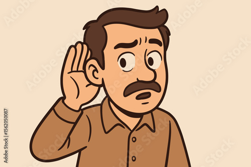 Eavesdropping man cartoon illustration. Curious nosy character with mustache cups hand to ear, listening to gossip or a secret. Spying, hearing, and communication concept vector.