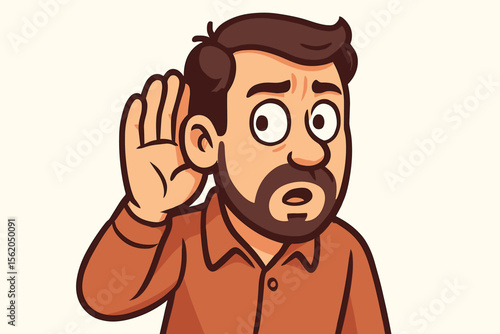 Curious bearded man eavesdropping with hand to ear gesture, listening attentively. Nosy person overhearing gossip or a secret conversation. Concept for communication, privacy. Vector.