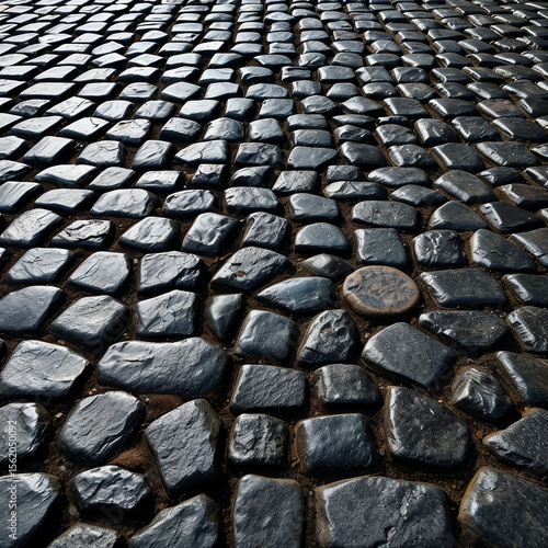 Glossy black stone pavement with dramatic lighting and wet texture on natural cobbles