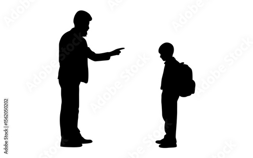 A powerful silhouette of a father angrily pointing at his son, who stands with a backpack, evokes a tense parent-child dynamic.