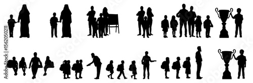 A collection of black silhouette figures depicting various people, including families, children, adults, and groups, in different poses and settings.