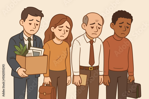 Unemployment concept. Diverse group of business people laid off, holding office boxes and briefcases. Job loss, economic crisis, career setback, workplace downsizing. Vector cartoon illustration.
