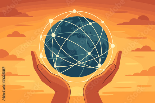 Hands Holding Connected Globe Network, Global Data Exchange, Internet Communication, Digital Technology, World Connectivity, Modern Flat Vector Illustration, Sunset Background, International Link