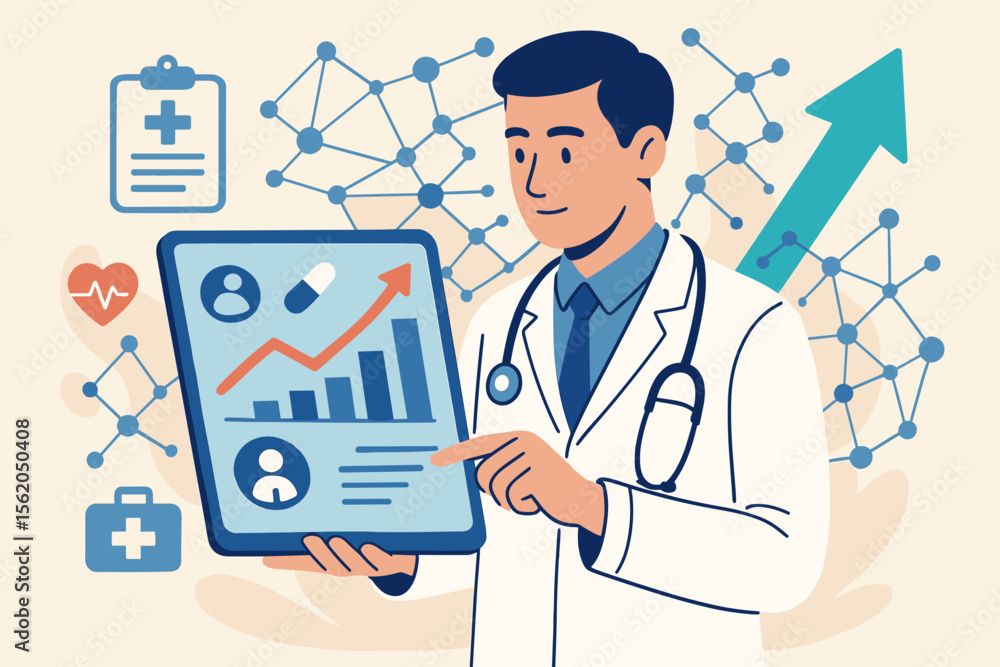 Doctor analyzing medical data and growth statistics on tablet, healthcare business analytics, medical report review, network connection, digital health technology, flat vector illustration Doctor analyzing medical data and growth statistics on tablet, healthcare business analytics, medical report review, network connection, digital health technology, flat vector illustration