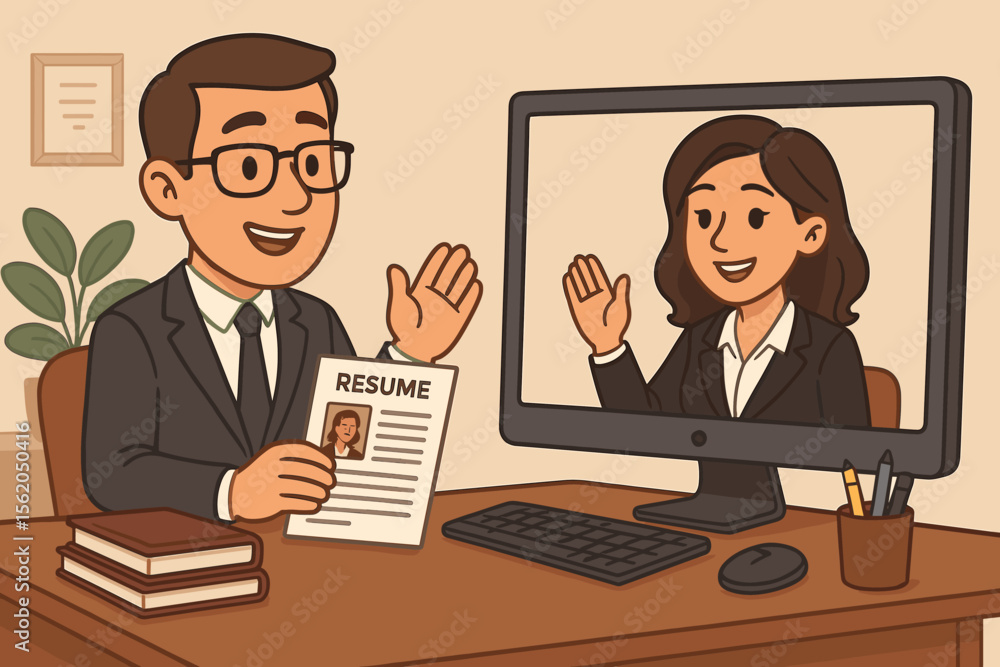 Cartoon business HR manager conducting virtual job interview with female candidate via computer. Online recruitment, remote hiring, digital interview process, resume review, office workspace concept Cartoon business HR manager conducting virtual job interview with female candidate via computer. Online recruitment, remote hiring, digital interview process, resume review, office workspace concept