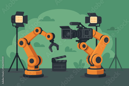 Robotic arms filming movie scene with camera and clapperboard, automated film production, modern technology in movie industry, studio lights, innovation, automation, vector illustration