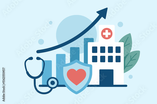 Healthcare business growth, rising medical graph, hospital success, health insurance improvement, stethoscope, heart shield, modern flat vector, medical industry progress illustration