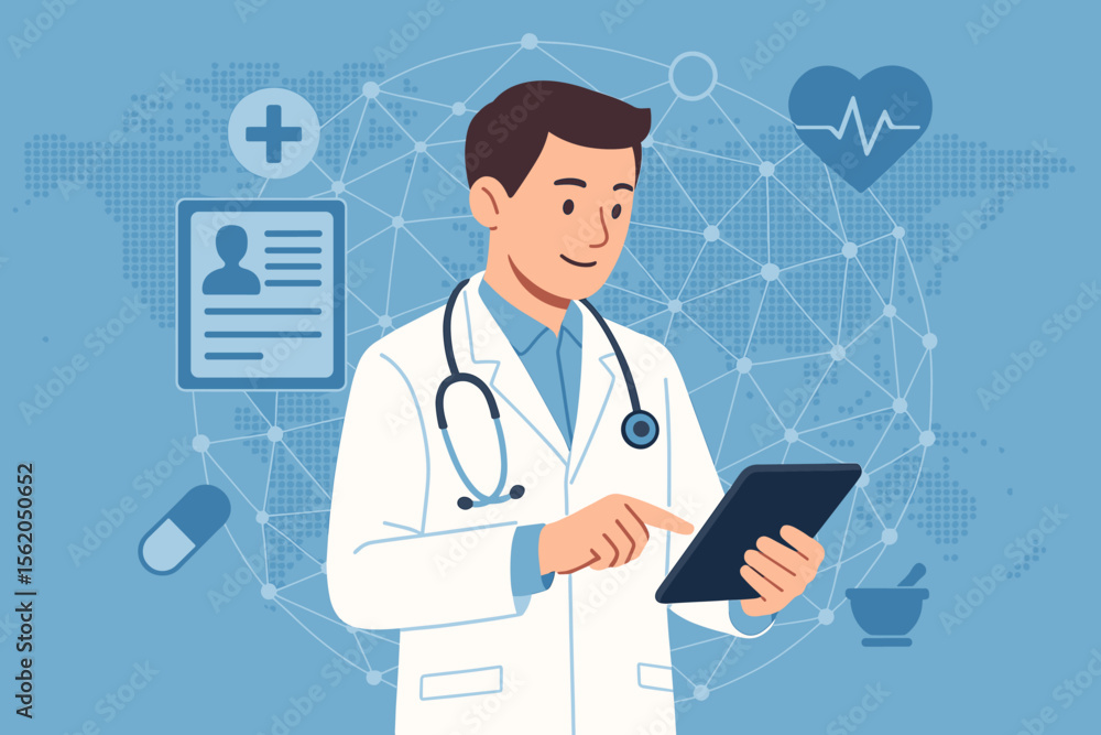Medical doctor with stethoscope using digital tablet for patient diagnosis on global healthcare network interface. Modern telemedicine, electronic health records, innovative medical technology vector Medical doctor with stethoscope using digital tablet for patient diagnosis on global healthcare network interface. Modern telemedicine, electronic health records, innovative medical technology vector