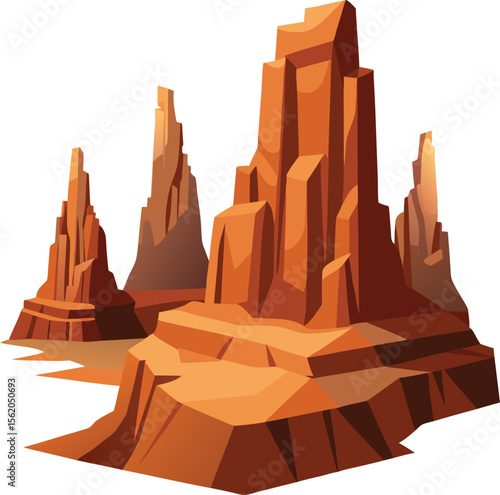 Stylized desert canyon landscape with towering sandstone rock formations