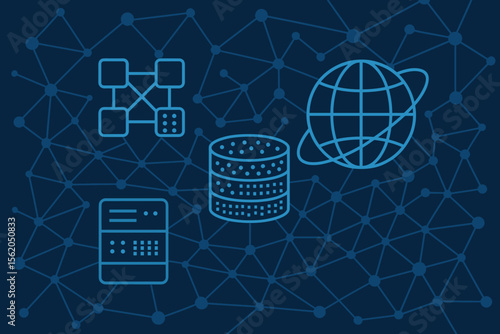 Blockchain network structure, mainframe server, big data storage, global internet connection, digital technology, futuristic data communication, modern IT infrastructure vector illustration
