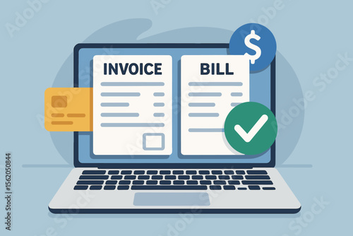 Digital invoice and bill payment concept illustration. Online billing, electronic payment confirmation, credit card transaction, finance management, laptop screen, paperless accounting vector