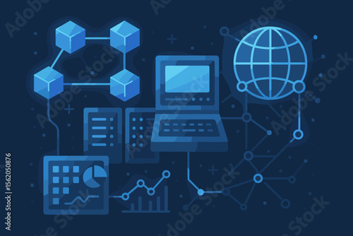 Futuristic network structure with blockchain, mainframe computer, big data analytics, global internet connection, digital technology, data visualization, modern flat vector illustration