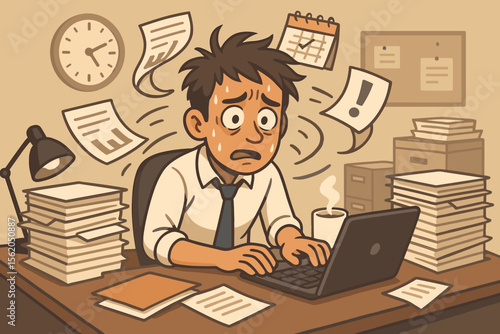 Stressed office worker overwhelmed by paperwork, deadlines, and multitasking at cluttered desk with laptop, coffee, flying documents, clock, calendar, and stacks of files. Vector cartoon illustration