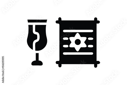 Modern Minimalist Icon Set: Kiddush Cup and Torah Scroll, Jewish Holiday Symbols, Black and White, Simple Design.
