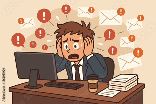 Overwhelmed Office Worker Stress Concept. Cartoon Businessman at Desk Surrounded by Urgent Email Alerts, Notifications, Deadlines. Workplace Anxiety, Burnout, Digital Overload Vector Illustration