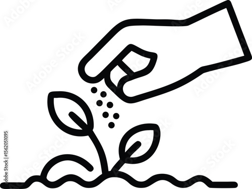 Outline hand fertilizing plant illustration, growing concept for sustainable agriculture or horticulture use
