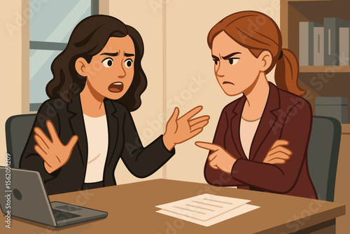 Businesswomen having serious discussion in modern office, negotiation or conflict resolution, professional meeting, teamwork communication, workplace disagreement, vector illustration