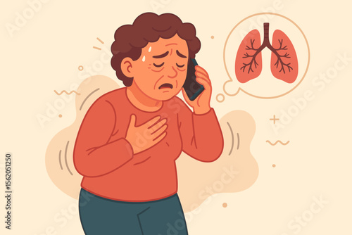 Woman experiencing shortness of breath holding chest and calling for medical help, lung disease symptoms, respiratory distress, chronic pulmonary illness, health emergency vector illustration