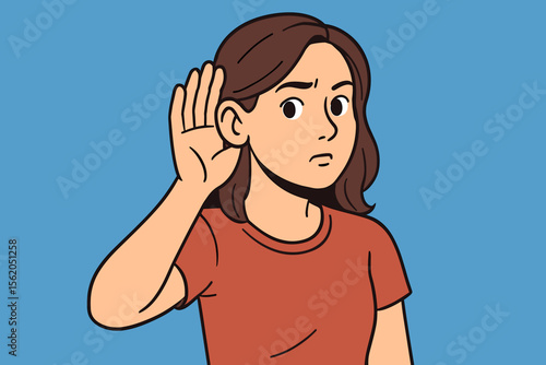 Attentive woman listening gesture hand to ear. Cartoon vector illustration. Female communication, hearing, attention, curiosity, understanding, body language, isolated blue background, empathy concept