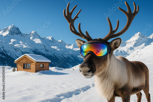 Ein Rentier mit Skibrille steht in einer verschneiten Winterlandschaft, umgeben von majestätischen Bergen und einem modernen, gemütlichen Holzhaus im Hintergrund. Die Szene fängt die Aufregung eines w