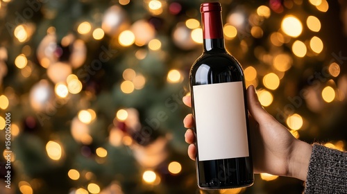 Hand holds dark red wine bottle blank white label against festive blurry background lights holiday celebration