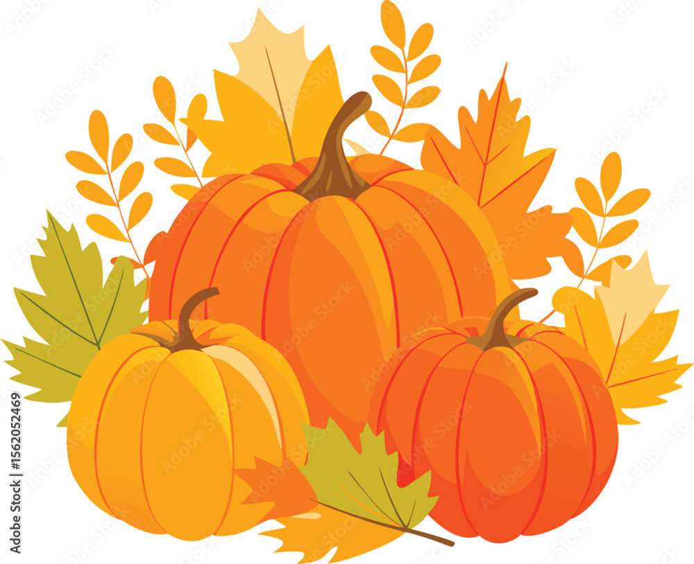 Autumn harvest pumpkins and colorful fall leaves arrangement