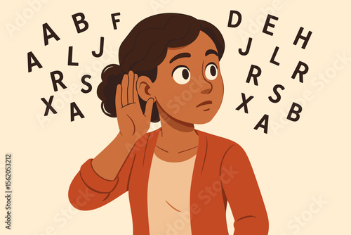 Attentive woman listening carefully, hand to ear, surrounded by flying alphabet letters. Communication, hearing, auditory perception, language learning, literacy, education, speech therapy concept.