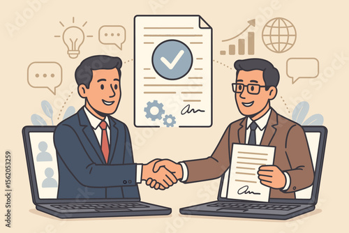 Remote Business Partnership Agreement, Online Collaboration Success, Digital Contract Signing, Virtual Handshake, Professional Teamwork, Internet Communication, Global Business Deal Vector