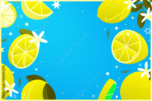 Summer Lemon fruit patterned banner with pouring sunlight from upper right corner, on blue textured background. Scattered lemon and lemon slices with leaves and flowers, with copy space. Vector.