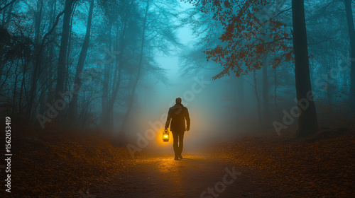 Lone figure walking through misty forest path with glowing lantern