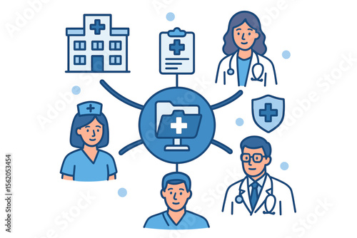 Centralized Healthcare Network System Concept. Medical Data Sharing. Hospital, Doctors, Nurses, Digital Health Records, Secure Patient Information, Connected Medical Team, Modern Healthcare Technology