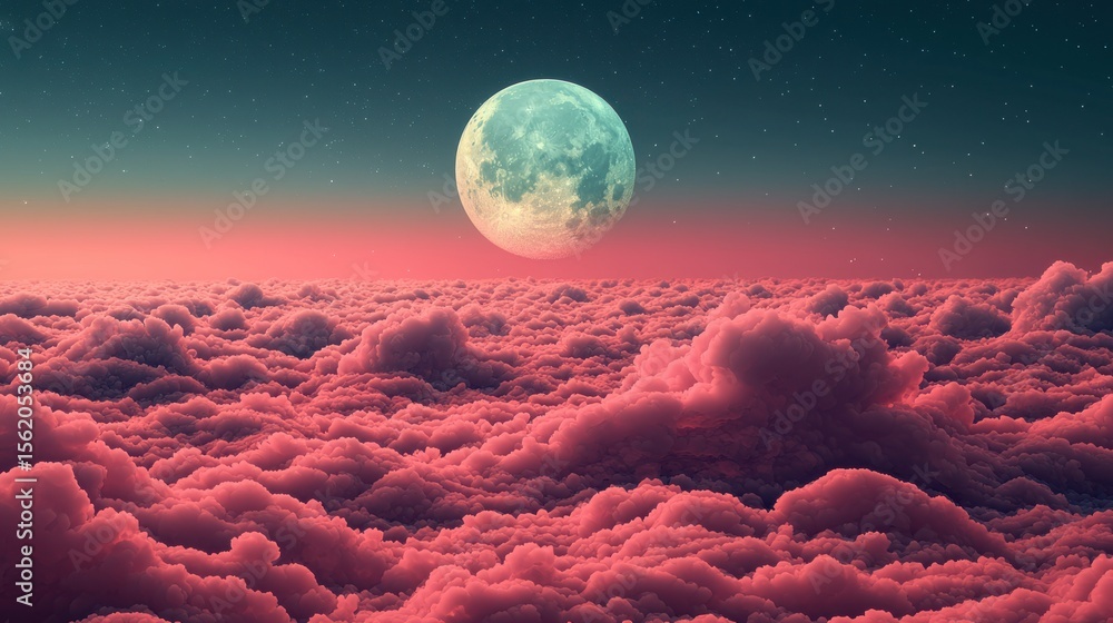 Obraz premium Pink cloud expanse at night, large moon