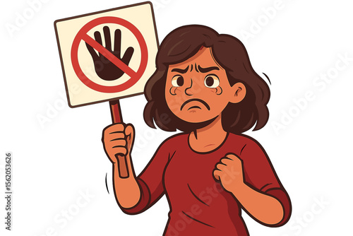 Strong Woman Protester Holding Stop Hand Sign, Cartoon Vector Illustration, Anti-Abuse, No Harassment, Social Activism, Empowerment, Female Rights, Protest Movement, Violence Awareness