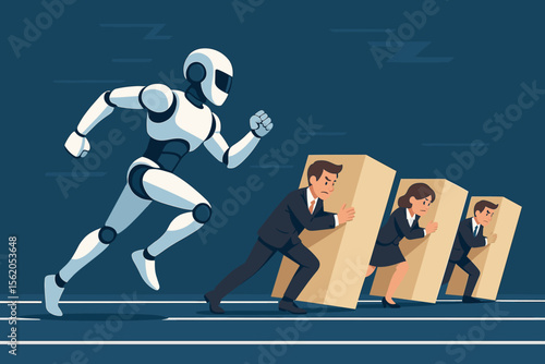 Artificial Intelligence Robot Outpacing Businesspeople in Race, Automation Efficiency vs Human Labor, Futuristic Technology Surpassing Office Workers, Concept of Workplace Disruption and Innovation